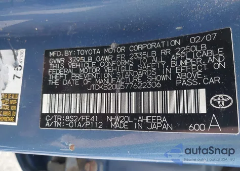 2007 Toyota Prius из США, поврежденный, VIN JTDKB20U577622306